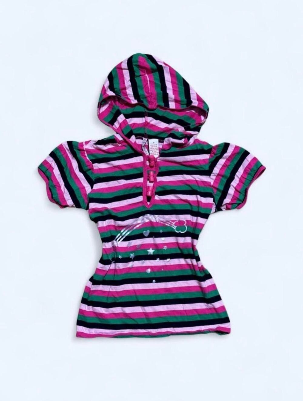 Vtg Y2K Threads Pink Green Striped Short Sleeve Fitted Hoodie Metallic Print